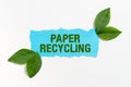 Sign displaying Paper RecyclingUsing the waste papers in a new way by recycling them. Word Written on Using the waste