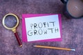 Sign displaying Profit Growth. Business approach Objectives Interrelation of Overall Sales Market Shares