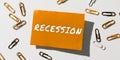 Text showing inspiration Recession. Concept meaning the process of progressive decrease in growing, period of reduction Royalty Free Stock Photo