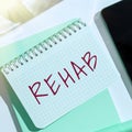 Text caption presenting Rehab. Word for course treatment for drug alcohol dependence typically at residential