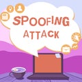 Sign displaying Spoofing Attack. Word for impersonation of a user, device or client on the Internet Hand Typing On