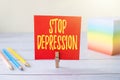 Sign displaying Stop Depression. Concept meaning end the feelings of severe despondency and dejection Blank Sticky Note