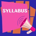 Sign displaying Syllabus. Word for a summary outline of a discourse, treatise or of examination requirements