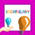 Hand writing sign Vocabulary. Business showcase collection of words and phrases alphabetically arranged and explained or Royalty Free Stock Photo