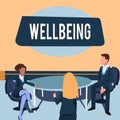 Sign displaying Wellbeing. Business overview A good or satisfactory condition of existence including health Colleagues