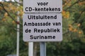 Sign at the Embassy of Surinam in the city of The Hague where all diplomats are working in the Netherlands Royalty Free Stock Photo