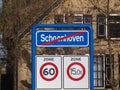 Sign end of urban area of schoonhoven which is part of the municipality Krimpenerwaard. Royalty Free Stock Photo