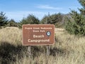 A sign at the entrance to the Beach Campground at the Prairie Creek Redwoods State Park in California, USA - November 16, 2021 Royalty Free Stock Photo