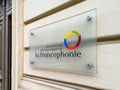 Sign at the entrance to the headquarters of the Organisation Internationale de la Francophonie, Paris, France