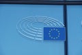 Sign and EU flag symbol on glass walls of the European Parliament Royalty Free Stock Photo