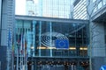 Sign and EU flag symbol on glass walls of the European Parliament Royalty Free Stock Photo