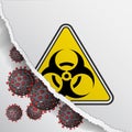 Sign Extremely dangerous infection with realistic 3d model red virus strain Novel Coronavirus 2019-nCoV. Template Biohazard