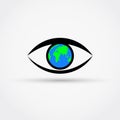 Sign of eye with globe inside. Global vision concept. Vector illustration.