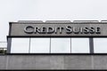 A sign on the facade of the Madrid headquarters of Credit Suisse