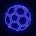 Sign of a football ball. Neon sign on a brick wall background. Blue colors.