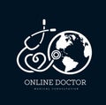 Sign in the form of a stethoscope in the shape of the heart and globe. Can be used as a logo for online medicine