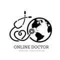 Sign in the form of a stethoscope in the shape of the heart and globe. Can be used as a logo for online medicine