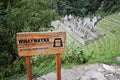 Sign in front of the old Inca ruins Winay Wayna located along the Inca trail to Machu Picchu in Peru