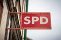 Sign of the German party SPD at the house of the constituency office in Wernigerode