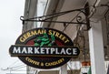 Sign of German Street Marketplace Coffee & Candlery, outside of the shop at 105 E German Street in Shepherdstown, WV
