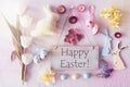 Retro Easter Flat Lay, Flowers, Text Happy Easter