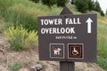 Sign giving directions to hikers to the Tower Fall Overlook, a famous waterfall in Yellowstone National Park Wyoming USA Royalty Free Stock Photo