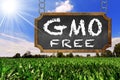 Sign of GMO Free on a Corn Field Royalty Free Stock Photo