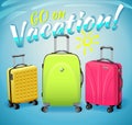 Sign Go on vacation and three luggage travel bags isolated on blue background. Luggage and travel illustration.