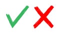 Sign green tick and red cross. Checking handwriting symbols, positive and negative choice icon, select yes or no signs