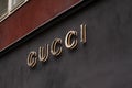 The sign of Gucci at Gucci on store. Gucci is an Italian fashion and leather goods brand.