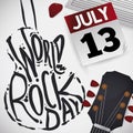 Sign, Guitar Headstock and Calendar with Reminder for Rock Day, Vector Illustration