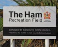 A sign for the Ham Recreation Field in Sidmouth, Devon. This is also the main venue for the Annual Sidmouth folk week in August