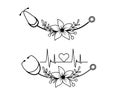 Sign heartbeat in stethoscope with flowers with heart. Vector illustration. Heartbeat logo in outline style. Royalty Free Stock Photo