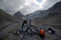 Sign on hiking trail in Dachstein mountain, Ramsauer ferrata, Austria Royalty Free Stock Photo