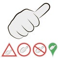 Sign of hitchhiking hand with finger to the top, vector sign of a passing car fist with finger to the top.