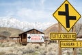 Sign for Hollywood Film History Museum painted on Western cabin Sierra Nevada Alabama Hills