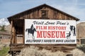 Sign for Hollywood Film History Museum painted on Western cabin Sierra Nevada Alabama Hills