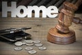 Sign Home, Gavel, Purse And Old Book On Wood Table Royalty Free Stock Photo