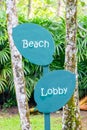 Sign sign hotel lobby and beach, made of wood, in the shape of a leaf, green, road to the beach, on a background of green trees