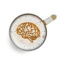 Sign human brain on the beer foam in glass isolated on white background. Top view. Harm of alcohol concept