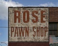 Sign for the iconic Second Hand Rose Pawn Shop at 2100 East 3rd Street in Tulsa, Oklahoma.