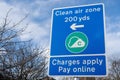 A sign indicates Clean Air Zone (CAZ) charges in the Newcastle upon Tyne and Gateshead areas in UK Royalty Free Stock Photo