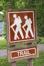 The sign indicates that there is a hiking trail ahead. Follow the path that other hikers have taken. Royalty Free Stock Photo