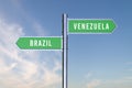 Sign indicating the direction of the borders between two countries BRAZIL,VENEZUELA, 3d render