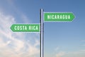 Sign indicating the direction of the borders between two countries COSTA RICA,NICARAGUA, 3d render