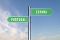 Sign indicating the direction of the borders between two countries EspaÃÂ±a, Portugal ,Spain, 3d render