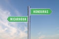 Sign indicating the direction of the borders between two countries NICARAGUA,HONDURAS, 3d render