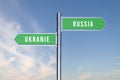 Sign indicating the direction of the borders between two countries RUSSIA,UKRANIE 3d render WAR