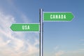 Sign indicating the direction of the borders between two countries Usa,Canada, 3d render