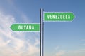 Sign indicating the direction of the borders between two countries VENEZUELA,GUYANA, 3d render